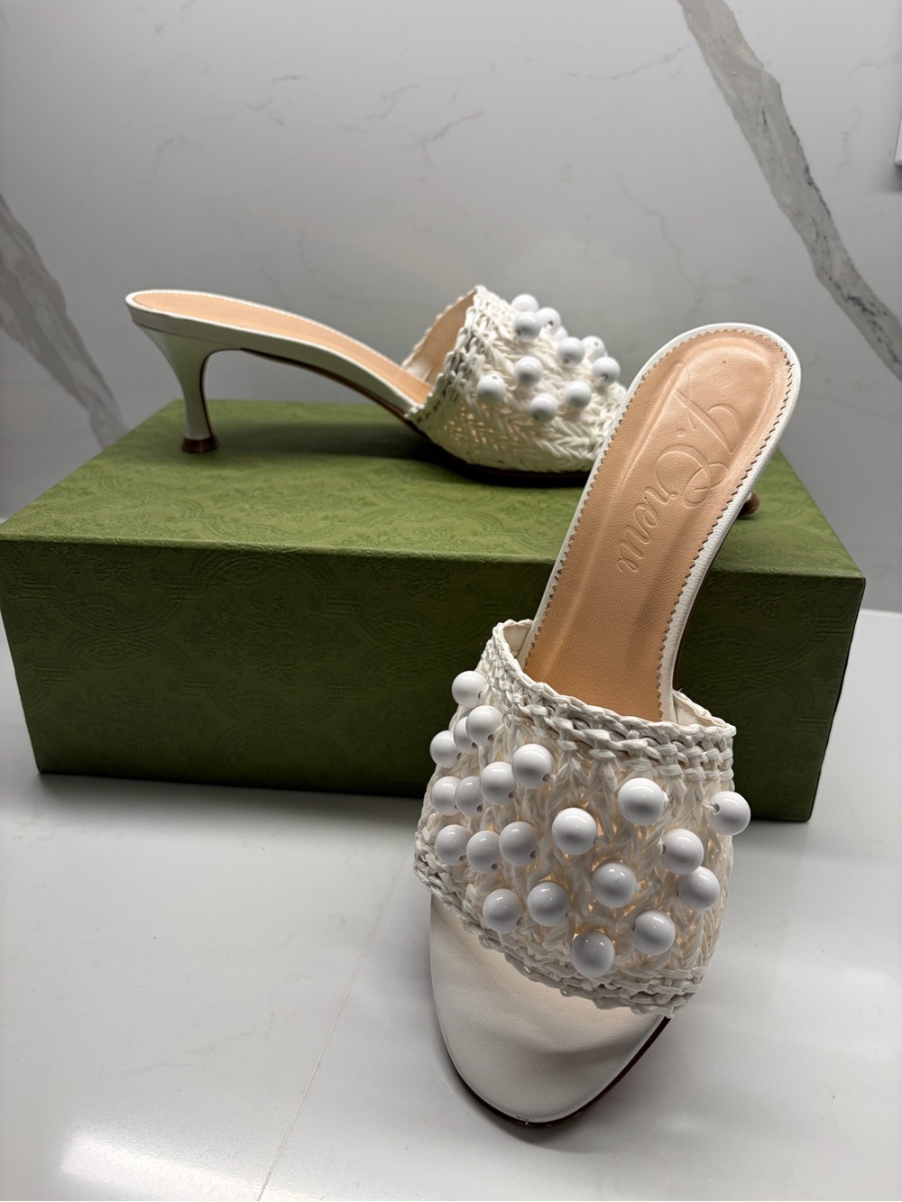 J Crew White Beaded Open-Toe Mule Heels - Women's